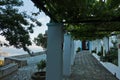 Viewpoint from a monastery on a hill over Skopelos town at sunrise, island of Skopelos