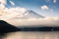 Viewpoint Mount Fuji with cloud of sunrise in Kawaguchiko lake Royalty Free Stock Photo