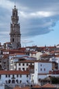 Viewpoint of the red clay rooftops and tower of the Clerigos Church Baroque style church with bell tower in Porto Portugal