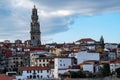 Viewpoint of the red clay rooftops and tower of the Clerigos Church Baroque style church with bell tower in Porto Portugal