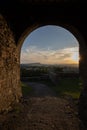 Viewpoint from Clitheroe castle looking through an archway down into the ribble valley.