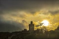 Views of the bell tower and town of Villajoyosa at sunset Royalty Free Stock Photo