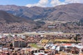 Views of Cusco airport and the San Sebastien district from Rumiwasi. Cusco, Peru