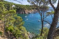 Views of `de la Senia` cove in Calella de Palafrugell with four boats.