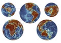 5 views of Earth's topography using ETOPO1 data with earth palette color