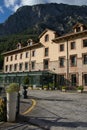 Views of the facade of the main building. Vertical image of the Balneario de La Hermida