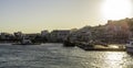 Views of the fishing port of Naxos with the Panagia Mytidiotissa church on its islet, Naxos, Naxos Island, Cyclades, Greece Royalty Free Stock Photo