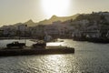 Views of the fishing port of Naxos with the Panagia Mytidiotissa church on its islet at sunrise, Naxos, Cyclades, Greece Royalty Free Stock Photo