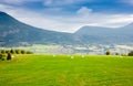 Views of the fjord and green fields in Norway Royalty Free Stock Photo