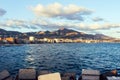 Views of the Fuengirola dike in the harbor at sunset