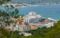 Views from the hillside in nearby St Antoni de Portmany Balearic Islands, Ibiza, Spain. Marina with moored boats for the season. Royalty Free Stock Photo