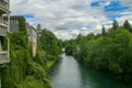 Views from the Justice Street Bridge over the Ossau River, Oloron-Sainte-Marie, France.