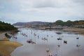 Views of landscape and River Conwy full of boats from a tower of Conwy Castle, an ancient 13th Century stone built fortification