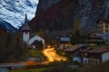 Views of the Lauterbrunnen church at sunset