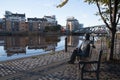Views of Leith, Edinburgh, Scotland including a statue of Sandy Irvine Robertson OBE sat on a bench by the waterside
