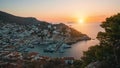 Views of Marina of the Hydra island in twilight. Aegean sea, Greece. Travel.