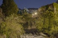 Views of the medieval village of Albarracin at night and in the foreground of the Guadalaviar river Royalty Free Stock Photo