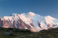 Views of the Mont Blanc masiv during sunrise. Popular tourist attraction. Picturesque and gorgeous scene.