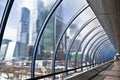 Views of Moscow city through the transparent construction of the bridge Bagration, Moscow