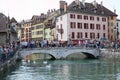 Annecy, France. Views of the crowded town and bridges.