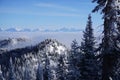 Views overlooking cloud-blanketed valley and Peaks Peeking above it at Whitefish Resort Royalty Free Stock Photo