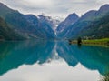 Views of peaks and Oldevatnet lake, Jostedalsbreen National Park in Norway Royalty Free Stock Photo