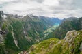 Views of peaks, waterfalls and Oldevatnet lake from Kattanakken, Jostedalsbreen National Park, Norway Royalty Free Stock Photo