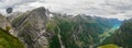 Views of peaks, waterfalls and Oldevatnet lake from Kattanakken, Jostedalsbreen National Park, Norway Royalty Free Stock Photo