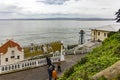 Views of the pier and watchtower of the Alcatraz maximum security federal prison in San Francisco Bay, in the state of California