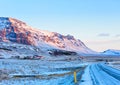 Views from the Ring Road Route 1 at sunrise between Hof and Jokulsarlon. South of Iceland