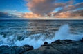 Views of the sea and black lava rocks at sunset