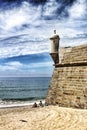 Views of the Sesimbra Beach and fortress in spring in Portugal