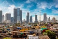 Views of slums on the shores of mumbai, India against the backdrop of skyscrapers under construction