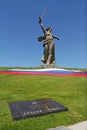 Views of the statue of the Motherland calls, Large Mass Grave and large Russian flag in Day of Russia on Mamaev hill in Volgograd