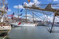 Views of the tallship USCGC Eagle between the stern of tallship Europa and the bow of tallship Cisne Branco in the harbour of Sche