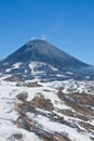 The views of the working Karymsky volcano in may 2016 with a helicopter