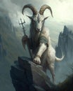 A vigilant goat gazing outwards from atop a cliff armed with a sword of justice. Zodiac Astrology concept. AI generation