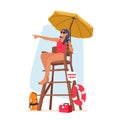 Vigilant Lifeguard Woman Character On Tower, Equipped With Binoculars, Ensures Safety And Scans The Surroundings