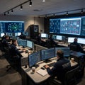 Vigilant Security Team Monitoring Critical Infrastructure Data in a Modern Operations Center Royalty Free Stock Photo
