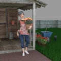 Vignette of a beautiful older gray-haired cartoon gardener woman standing in her potting shed with a flower on an isolated