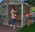 Vignette of a beautiful older gray-haired gardener woman waving in her potting shed on an isolated background