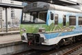 Vigo, Spain - Feb 12, 2020: Touristic train of Galicia stopped at Vigo-Guixar railway station on February 12, 2020 in Vigo,