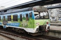 Vigo, Spain - Feb 12, 2020: Touristic train of Galicia stopped at Vigo-Guixar railway station on February 12, 2020 in Vigo,