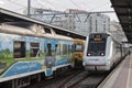 Vigo, Spain - Feb 12, 2020: Trains stopped at Vigo-Guixar railway station on February 12, 2020 in Vigo, Pontevedra, Spain. Royalty Free Stock Photo