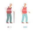 Vigorous energetic and tired exhausted old man vector illustration isolated. Royalty Free Stock Photo