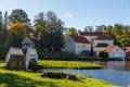 Pond with bridges in the park of Vihula manor house, Estonia Royalty Free Stock Photo