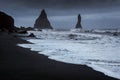 Vik and Basalt Columns, Black Sand Beach in Iceland