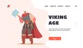 Viking Age Landing Page Template. Barbarian Male Character with Long Beard Wearing Horned Helmet, Boots and Cape