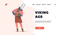 Viking Age Landing Page Template. Barbarian with Naked Torso and Battle Axe, Scandinavian Personage of Nordic Legends