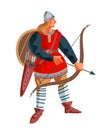 Viking archer with bow and arrow. Medieval Norway people and mythology vector illustration. Young angry man standing and